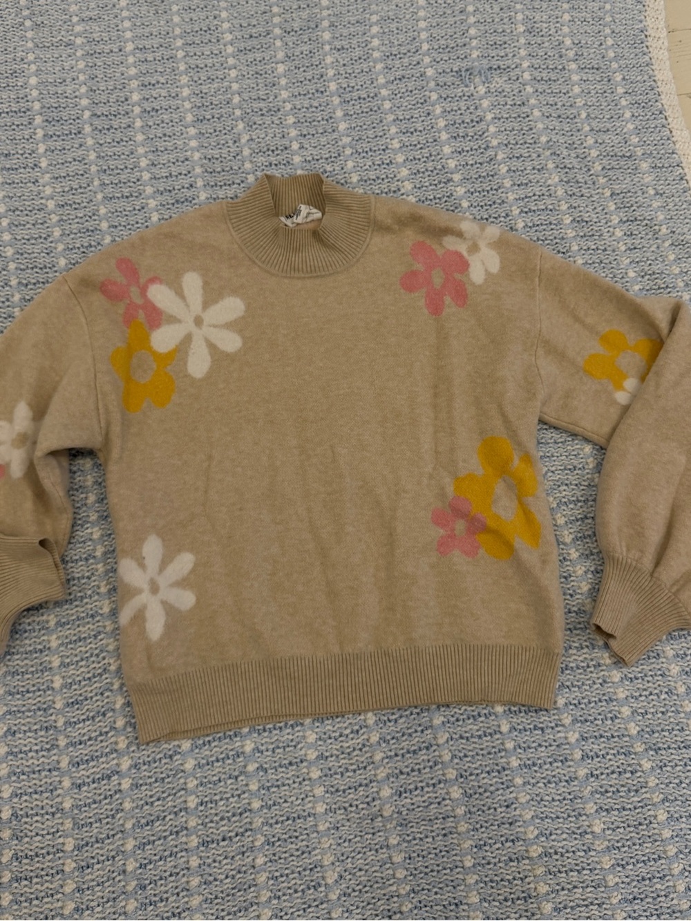 For The Republic Beige Mock Neck Sweater with Pink, White & Mustard Floral Motif